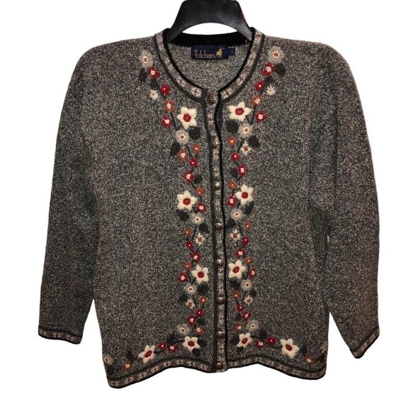 Tulchan Womens Large Gray Heather Flower Embroidered Cardigan Sweater Sz L - Picture 1 of 11
